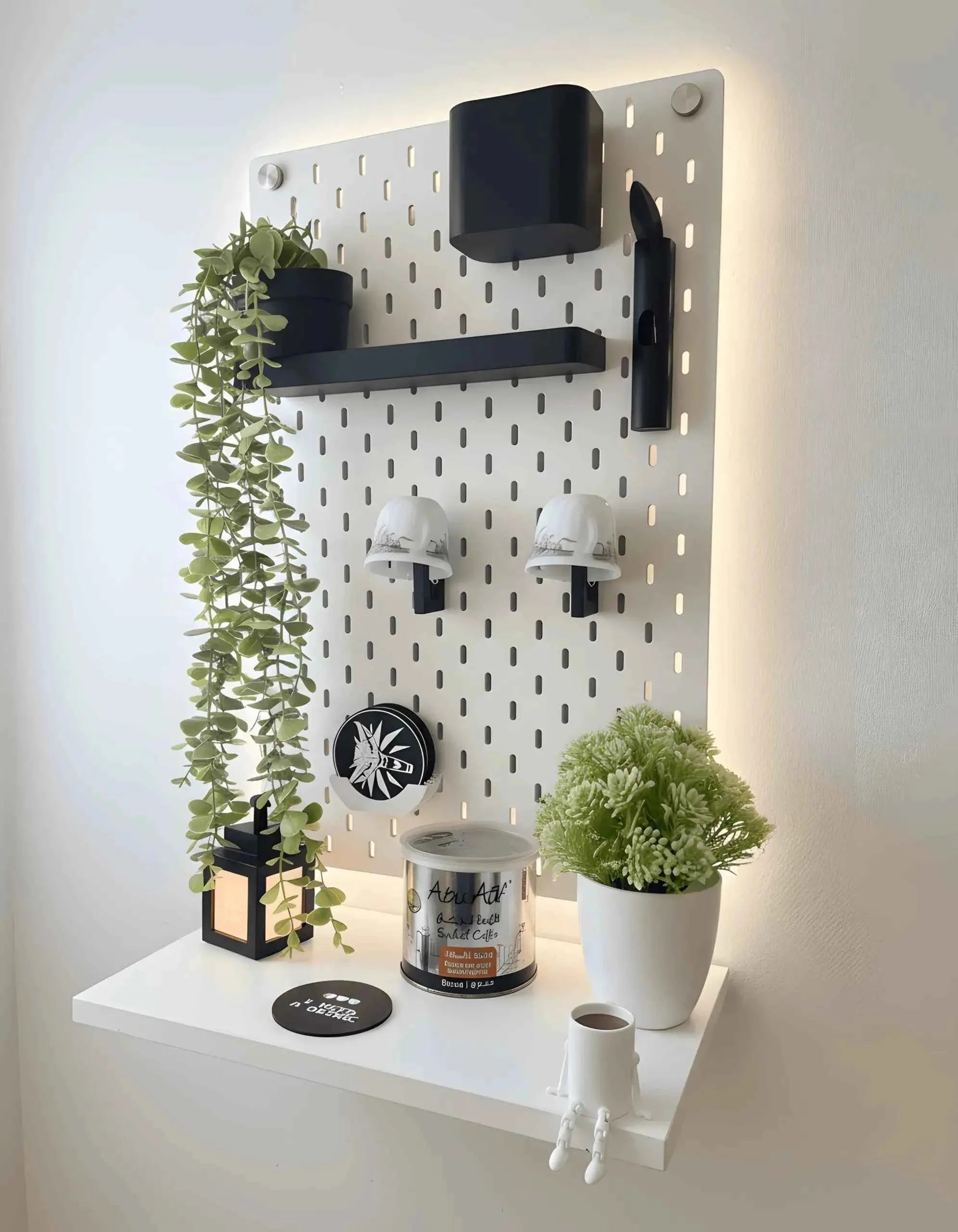 Pegboard-mounted coffee station with mug hooks and a cup shelf beside a desk