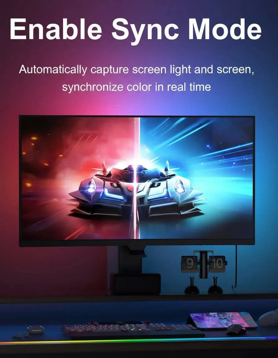 Premium gaming setup with RGB ambient lighting and organized desk accessories