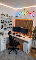 Example premium work station with oak slat acoustic panels, Nano Lines and RGB pegboard