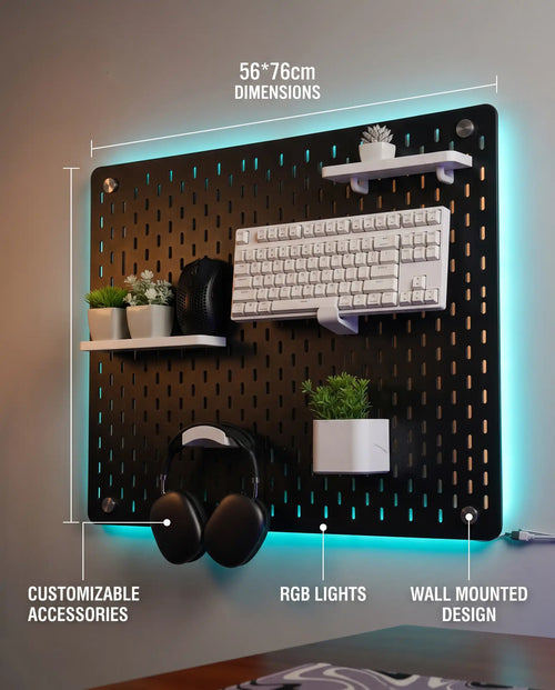 Black MDF pegboard 56x76cm mounted on a wall above a gaming desk
