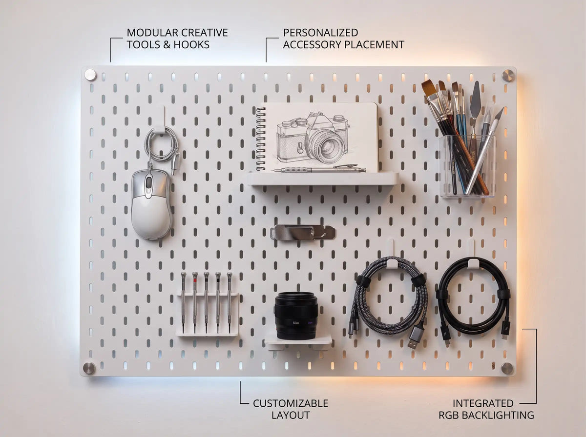 White MDF pegboard 56x76cm mounted above a desk